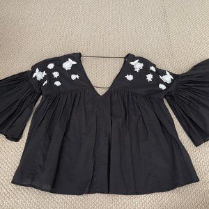 Anthropologie Maeve black, beaded/embroidery, flouncy sleeve blouse